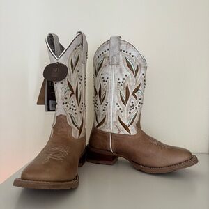 Laredo Lydia Leather Brown & White Western Cowboy Boots with Leaf Cutouts